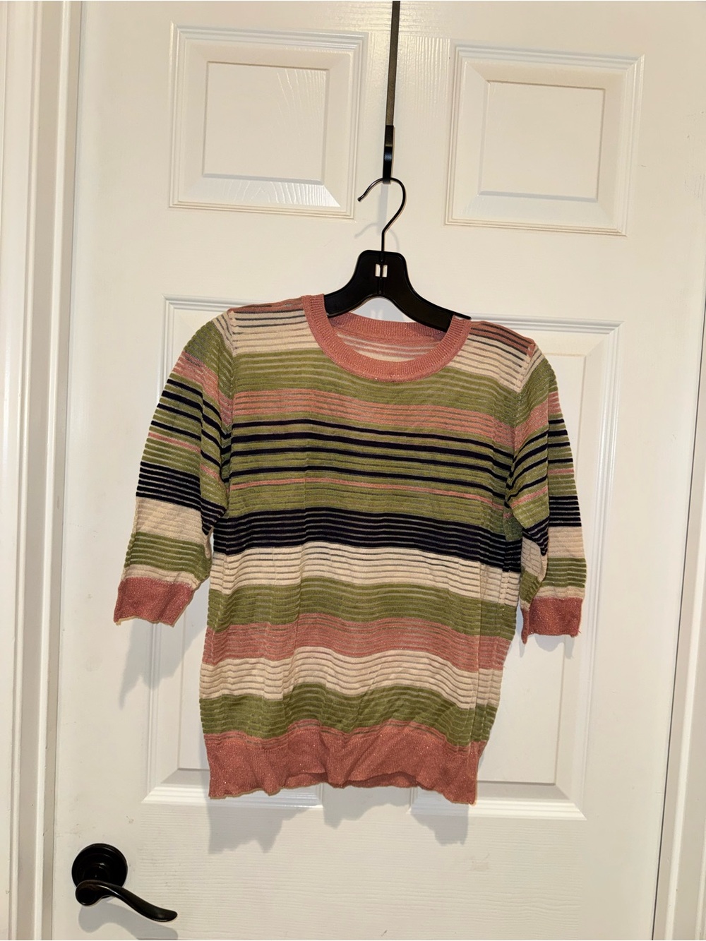 Striped Knit Short-Sleeve Sheer in Pink, Olive & Cream